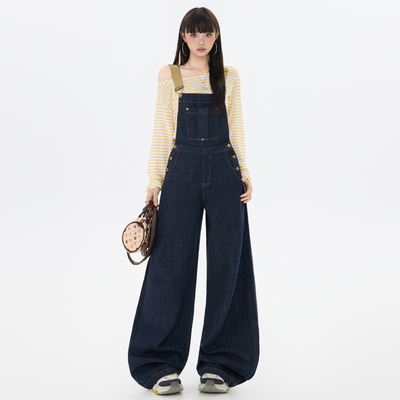 美式复古深蓝高腰显瘦牛仔背带裤