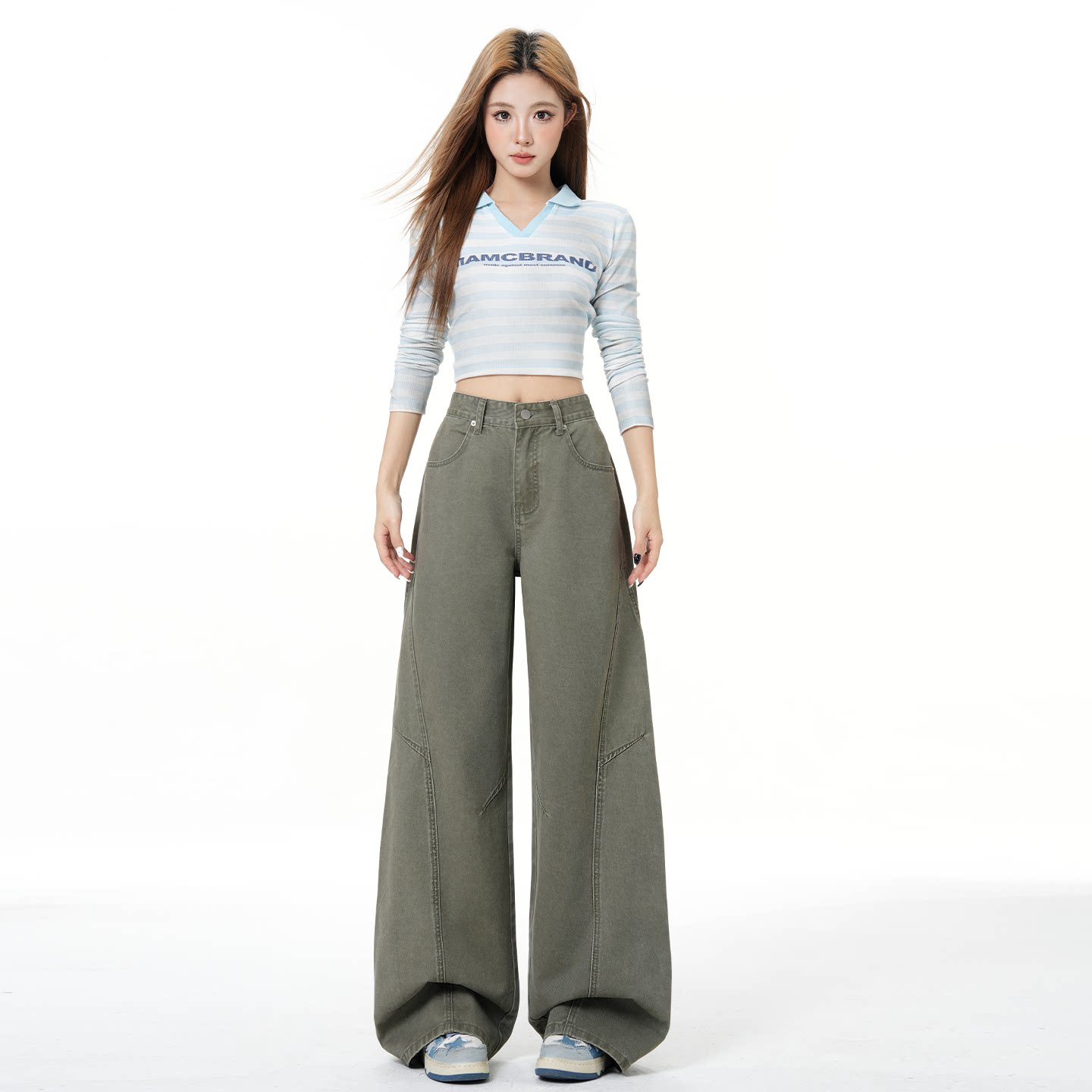 BRN军绿色工装牛仔裤女美式高腰直筒显瘦长裤宽松解构设计阔腿裤