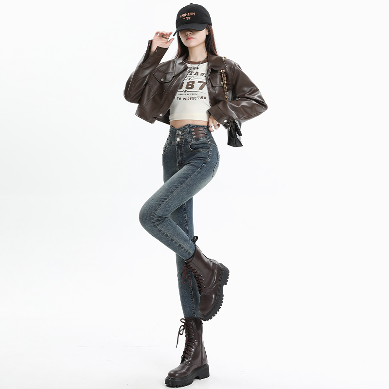 女款高弹修身小脚裤子高腰牛仔裤