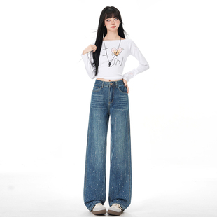 BRN复古高腰直筒牛仔裤2026早春新款满天星烫钻宽松显瘦窄版裤子