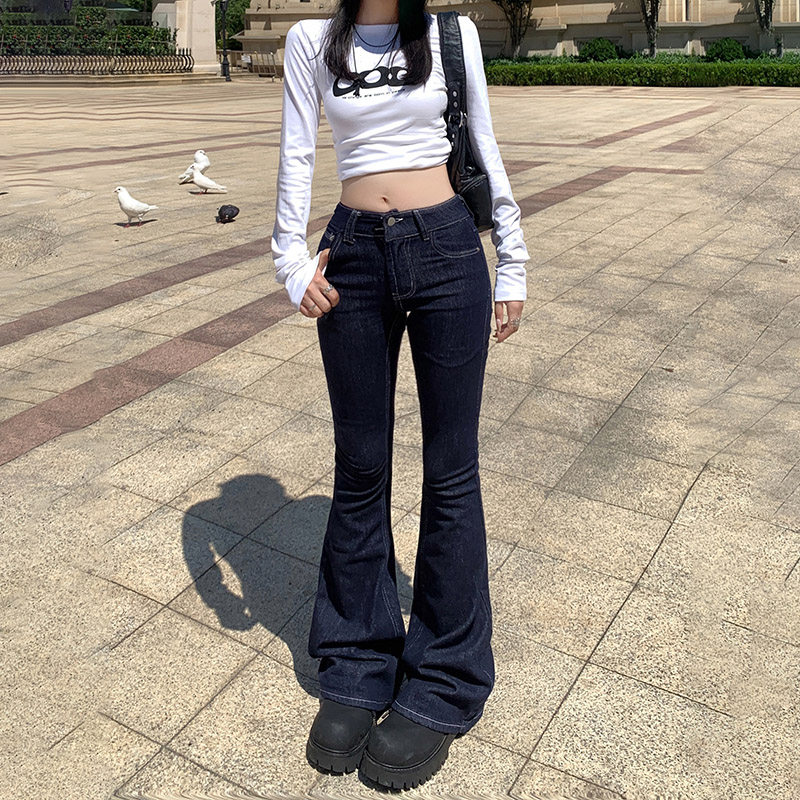 BRN官方店新款低腰修身牛仔裤女2025春秋深蓝紧身微喇叭拖地长裤