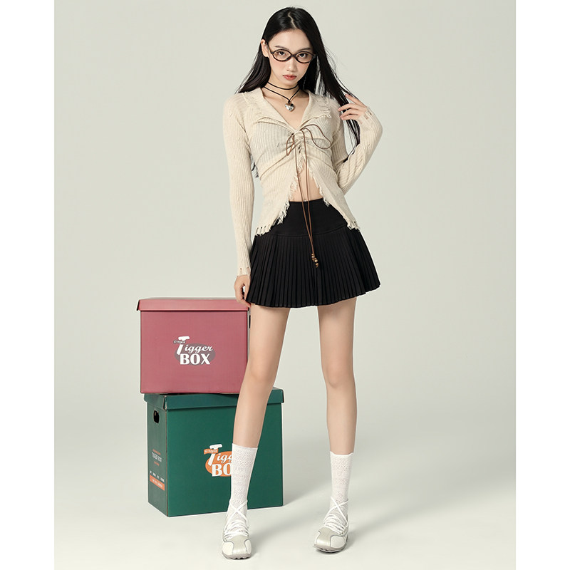BRN黑色百褶裙半身裙女2024新款初秋a字裙JK短裙子高腰显瘦伞裙
