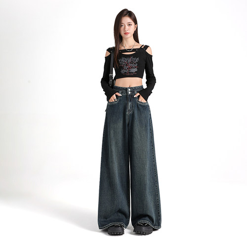 BRN新款美式复古高腰牛仔裤女2025春秋宽松显瘦百搭阔腿拖地长裤