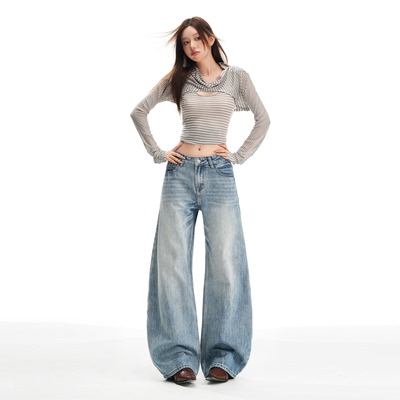 加绒重工水洗高腰显瘦宽松阔腿裤