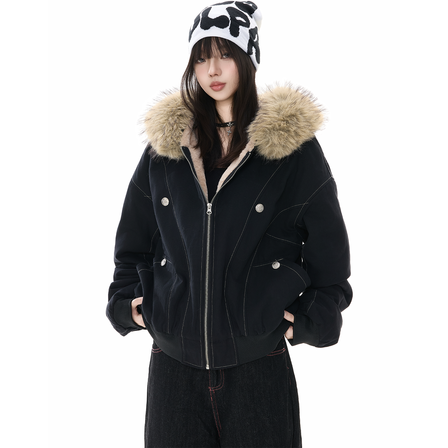 BRN美式复古座山雕毛领棉服男女冬季派克服宽松加厚保暖工装外套