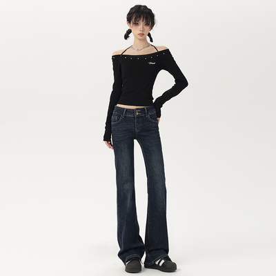 BRN美式复古高街微喇牛仔裤女春秋新款低腰提臀显瘦弹性拖地裤子