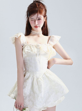 2026夏季新款法式富家千金风小飞袖双层两件套蛋糕裙女露肩连衣裙