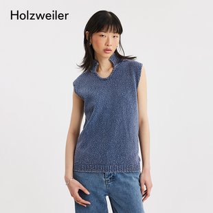 领口镂空牛仔蓝水洗效果针织上衣 Holzweilwer无袖