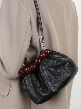 法国设计师CanaryKiss头层牛皮女包串珠手提包包新款新中式珠子包