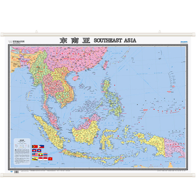 2026新版东南亚地图1.2*0.6米挂米双面覆膜无拼接精装版双挂杆商务办公室家装用图高清行政交通旅游图