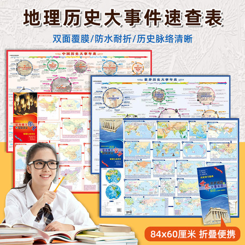 【学生专用】历史学习图典共2张 中国和世界历史地图及大事年表展开尺寸也84x60cm折叠便携双面覆膜耐折防水 历史速记工具书