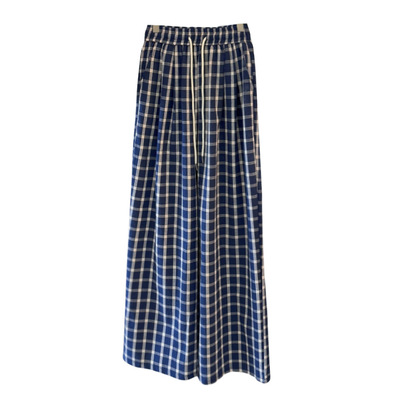 复古显瘦高腰宽松蓝色格子裤