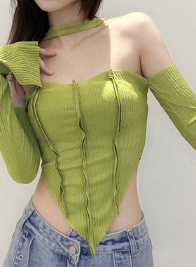 Solid open navel irregular neck vest 纯色露脐不规则挂脖背心