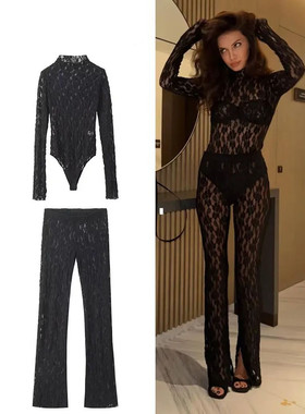 Black lace jumpsuit with leggings 黑色蕾丝连体衣阔腿裤两件套