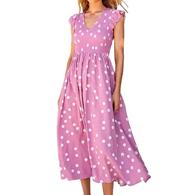 V领收腰波点印花连衣裙