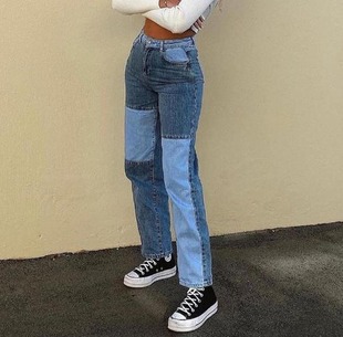 jeans嘻哈撞色拼接 paneled casual 休闲牛仔裤 hop Hip contrast