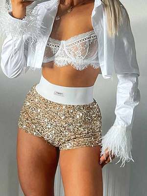 高腰性感亮片辣妹修身型短裤