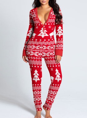 Christmas print long-sleeved jumpsuit圣诞节印花 长袖连体睡衣
