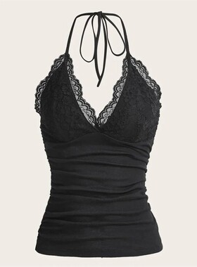 蕾丝花边抽褶露背吊带背心上衣Ruched camisole with lace edge
