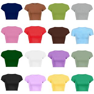 恤Basic Solid Crew 女士欧美纯色露脐短款 Crop Neck Tee 短袖