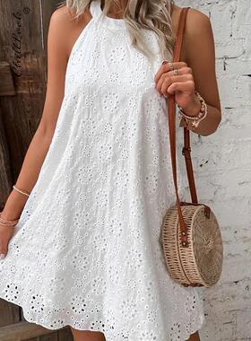 Solid sleeveless halterneck lace dress纯色无袖花边镂空挂脖裙
