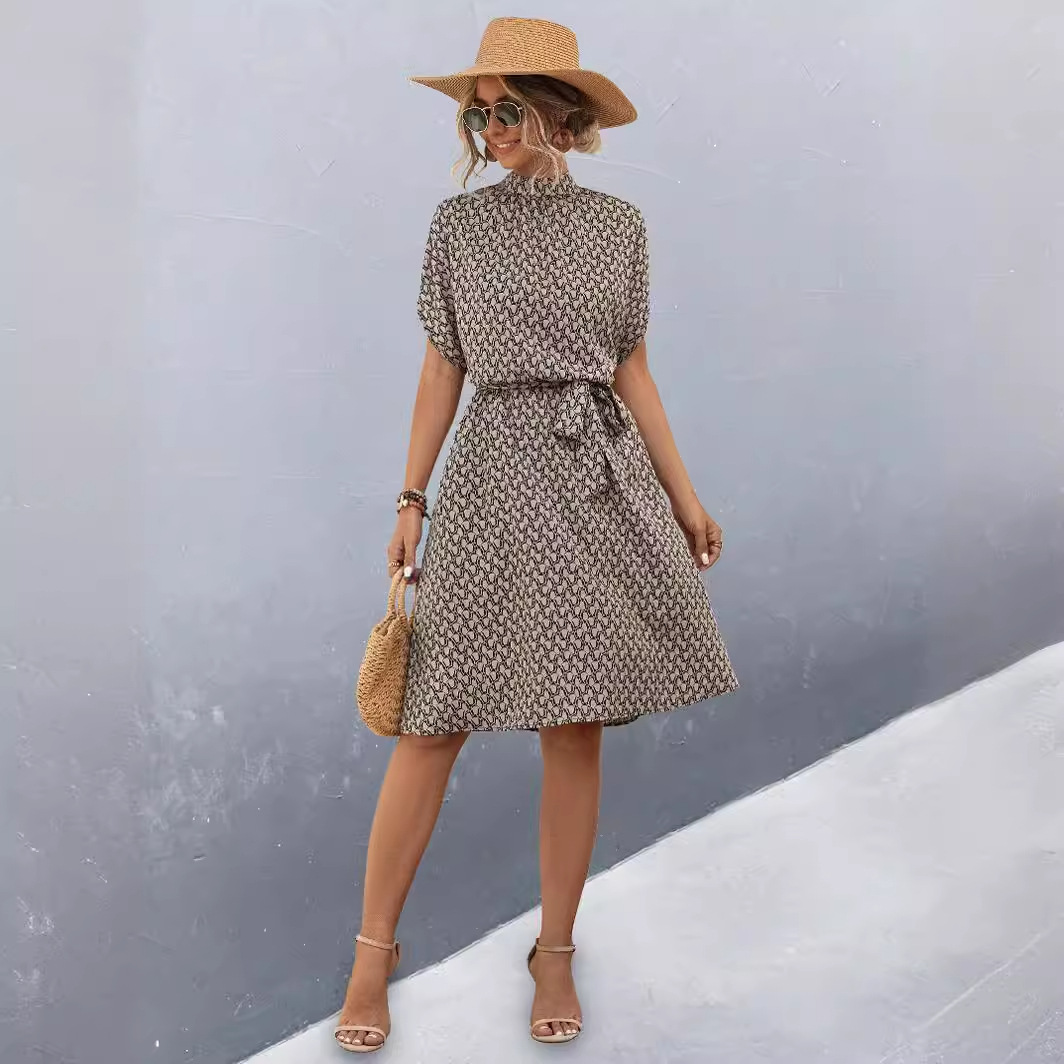 复古印花小立领连衣裙