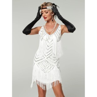 V领吊带露背舞会亮片流苏礼服裙Plus Size Sequin Tassel Gown
