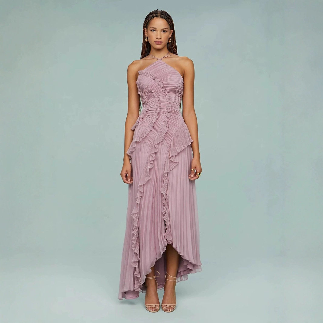 荷叶边褶皱不规则挂脖连衣长裙European Style Ruffle Midi Dress