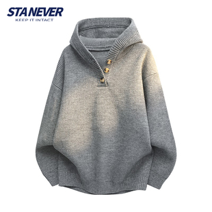 STA NEVER秋冬季连帽毛衣男士半开衫针织衫男潮牌情侣套头上衣