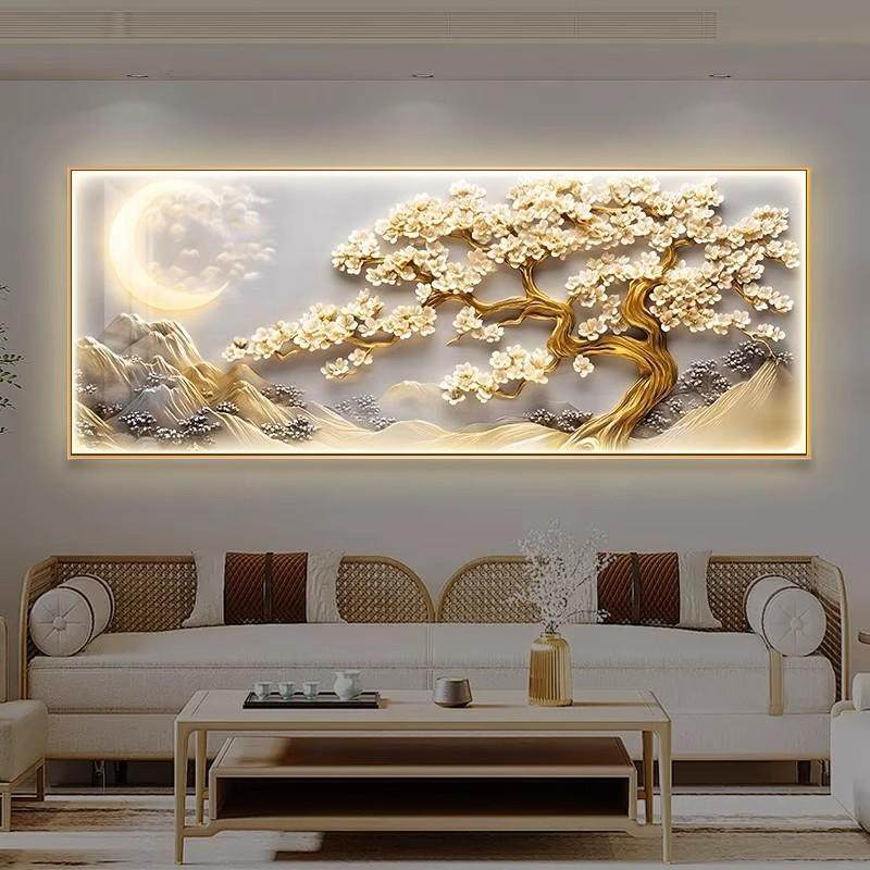 新中式发财树客厅装饰画轻奢高级感沙发背景墙大气挂画横版壁画