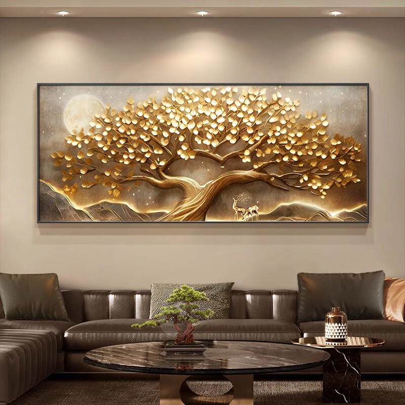 轻奢高级感发财树客厅装饰画墙壁挂画横幅壁画浮雕立体感沙发背景
