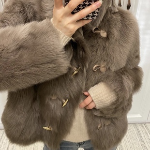 SWEETRAIN2024冬百利甜托斯卡纳环保皮草大衣牛角扣毛毛外套托卡