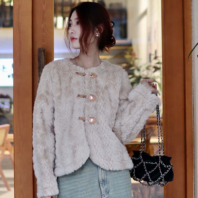 SWEETRAIN 2024新中式水貂绒毛毛外套环保皮草兔毛复古圆领短款
