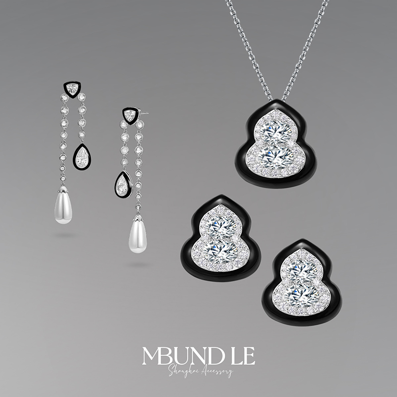 摩邦珠宝圆明有园别有洞天福禄项链耳环流泉套装葫芦黑色首饰套装