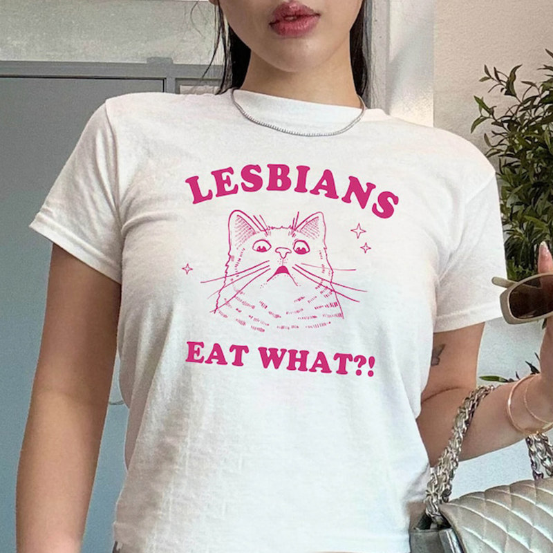 LESBIANS EAT WHAT趣味英文名短袖T恤猫咪夏季纯棉半袖男女