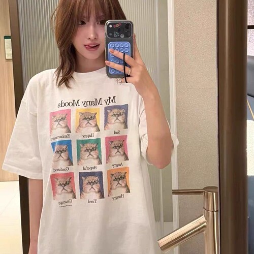 TWICE夏季纯棉趣味猫咪T恤