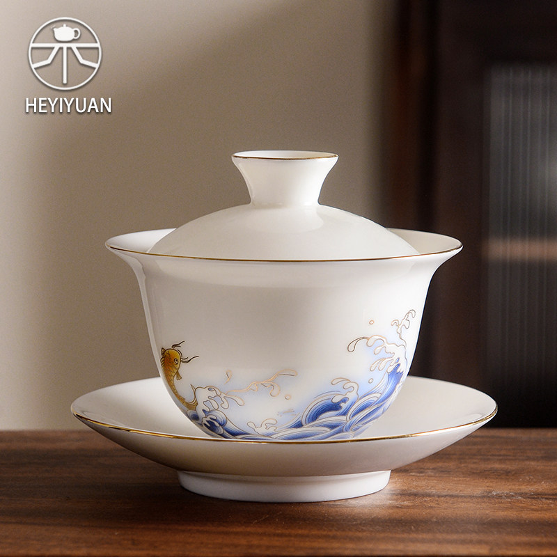 羊脂玉白瓷三才盖碗家用陶瓷单个高档不烫手功夫茶具泡茶碗可定制,餐饮具,盖碗,淘宝优惠券,粉丝福利购,淘宝优惠卷