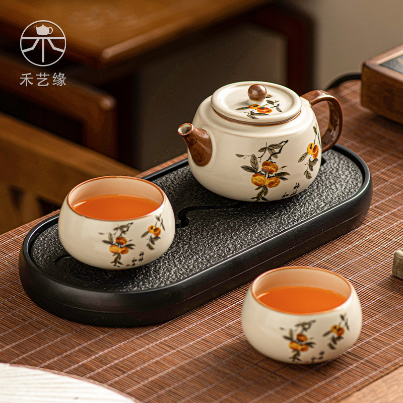 2026新款柿柿如意泡茶壶功夫茶具家用办公室汝窑陶瓷一壶二杯套装
