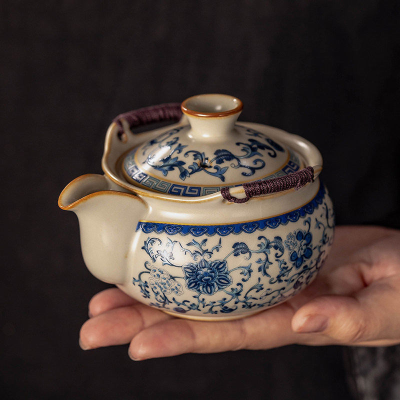 青花米黄汝窑手抓壶盖碗茶杯单个高档家用防烫泡茶壶功夫茶具套组
