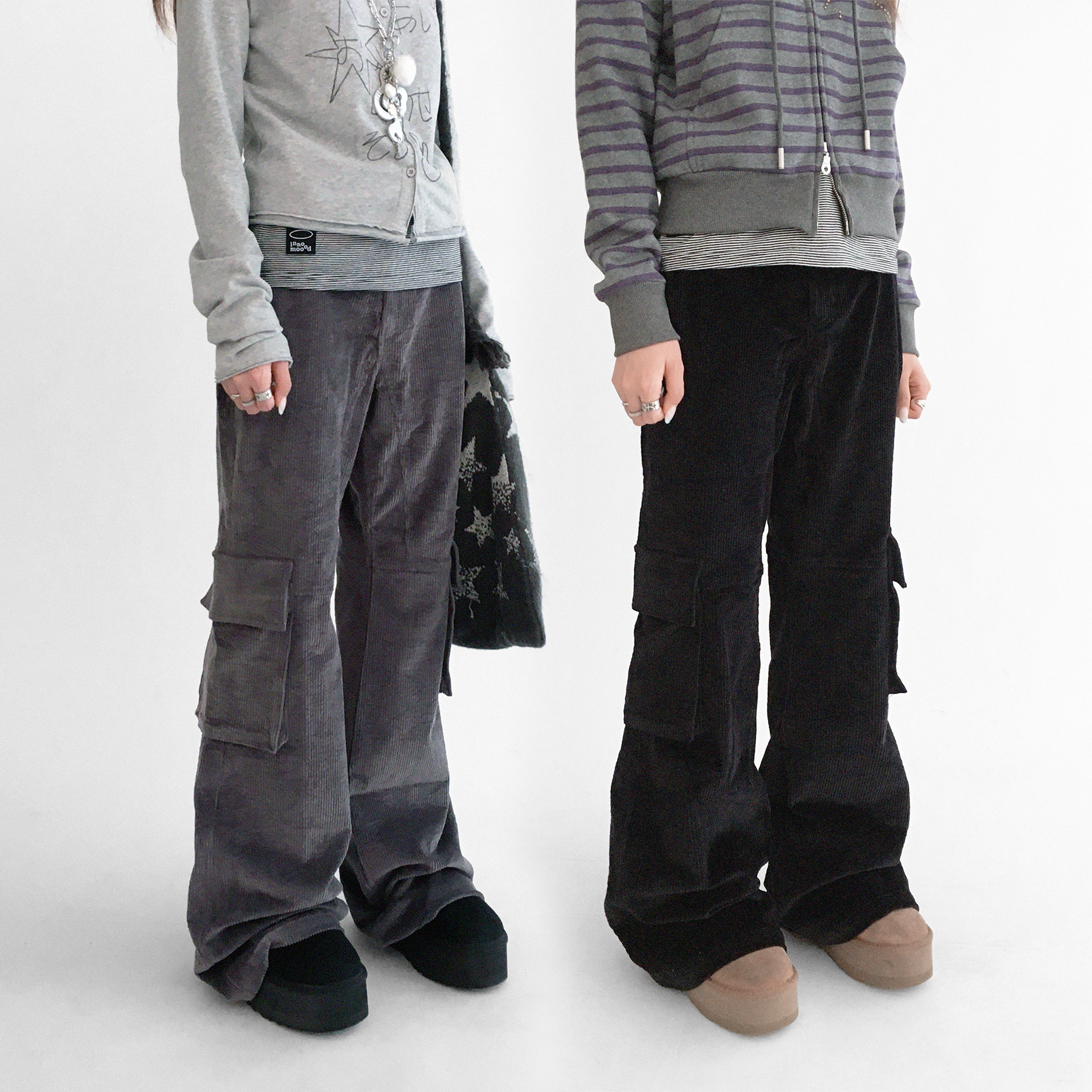 innomoood  波尔灯芯绒喇叭长裤水洗工装口袋低腰显瘦y2k秋冬