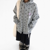 innomoood 拉链外套中长宽松 碎片星星印花加绒加厚连帽卫衣开衫