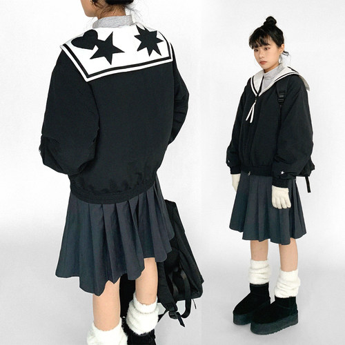 innomoood 不透明星系海军领黑白撞色棉服贴布绣外套学院秋冬小众 - 封面