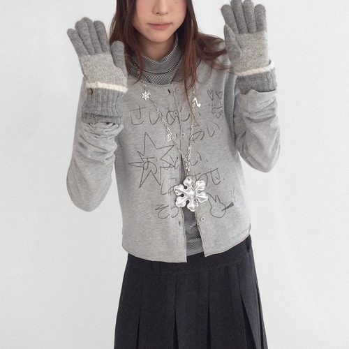 innomoood 便签日语手绘漫画感开衫T恤长袖短外套薄内搭毛边圆领