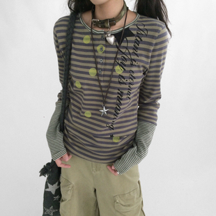 innomoood 内搭拼接低饱和打底弹力 致幻果酸条纹印花圆领圆领长袖