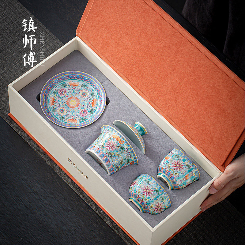 景德镇珐琅彩功夫茶具套装家用陶瓷三才盖碗茶杯防烫泡茶碗礼盒装