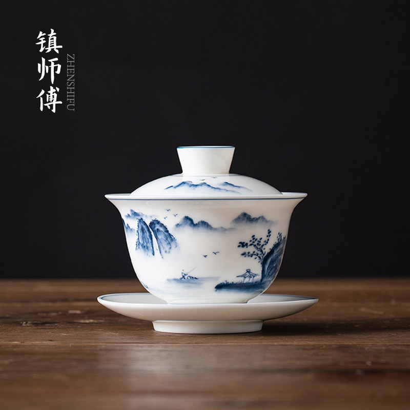 手绘羊脂玉瓷三才盖碗茶杯可悬停泡茶白瓷山水泡茶碗陶瓷功夫茶具