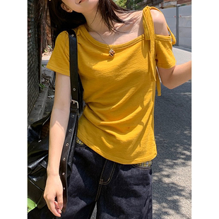 黄色斜肩短袖 t恤女夏显瘦百搭露肩绑带设计辣妹上衣
