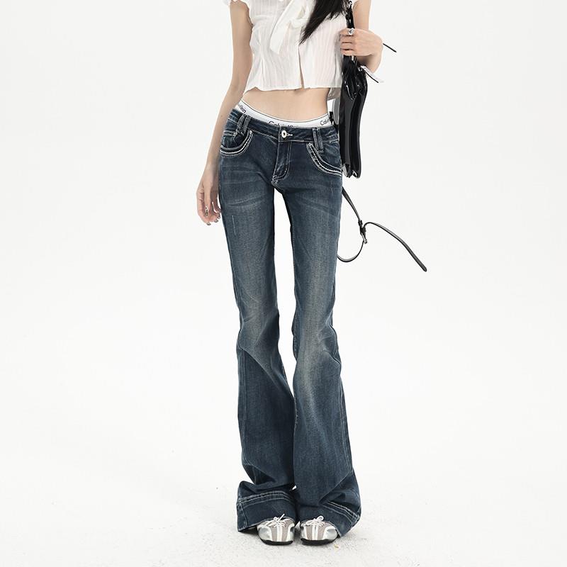 易梦玲同款低腰牛仔裤女美式深蓝色辣妹显瘦设计感拖地微喇叭裤子