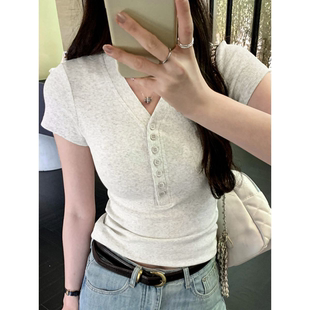T恤女夏新款 短袖 别致 V领半排扣修身 莫代尔2×2随心裁260g