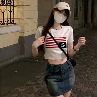 2026美式复古条纹字母针织衫女短袖短款修身显瘦百搭上衣ins潮